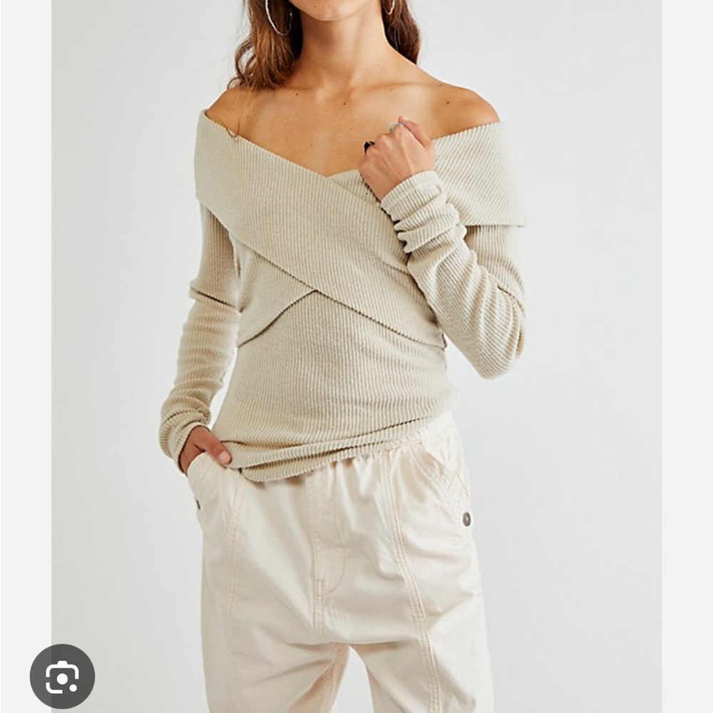 Free People Marley Beige Off-Shoulder Ribbed long sleeve XS
